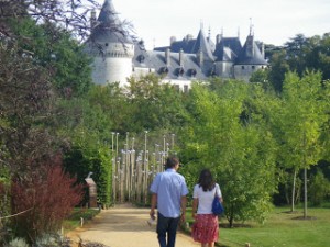 The spires of Chaumont sur Loire Chateau are seen beyond one of the Gardens of the Future which competed in the April to October  2011 International Garden Festival.  