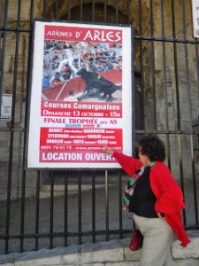 A poster at the 2,000 year old Roman arena advertises an upcoming bullfight in Arles. 